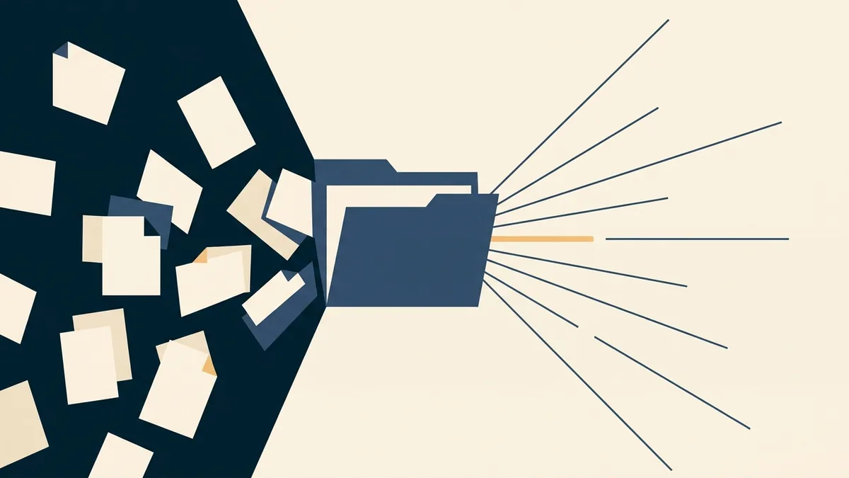 Abstract illustration of scattered documents consolidating into a single sealed container with outputs radiating from it.