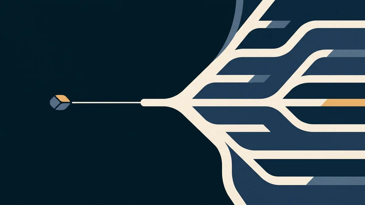 Abstract illustration of a small seed shape at one end of the frame connected by a slender line to a broad branching structure at the other.