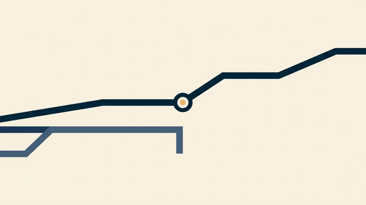 Abstract illustration of a path that pauses at a marked waypoint and continues, beside one that stops abruptly at an edge.