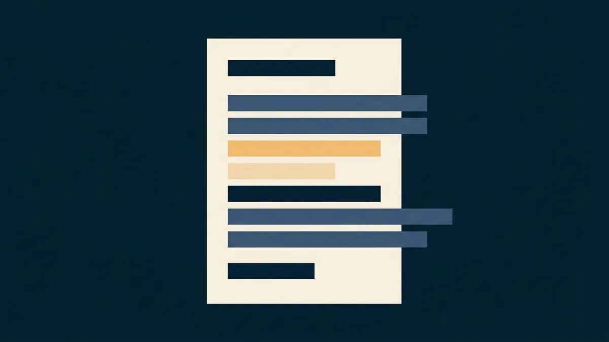 Abstract illustration of a document-shaped block whose sections are of visibly different lengths, several extending past the others.