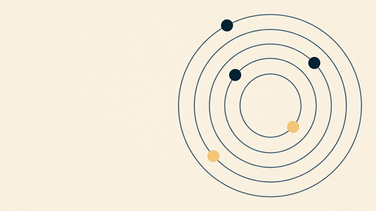 Abstract illustration of several concentric rings rotating at different rates, their markers scattered at unrelated positions.