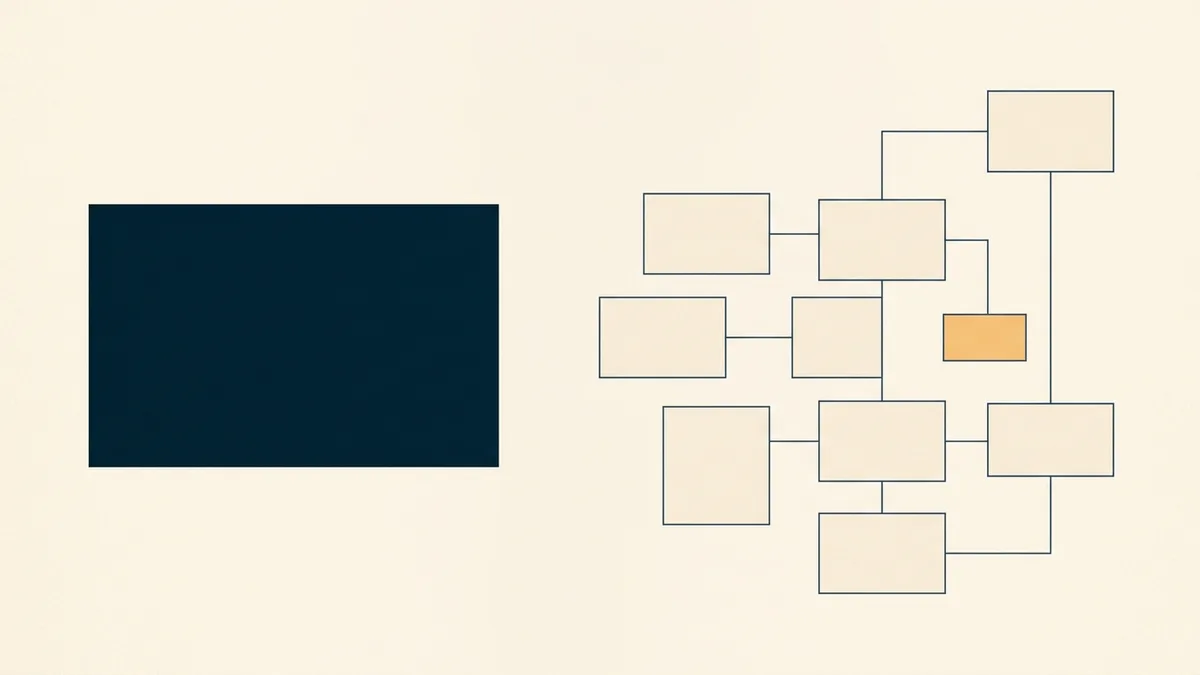 Abstract illustration of one large solid block standing apart from a cluster of smaller blocks that are joined together by connecting lines.