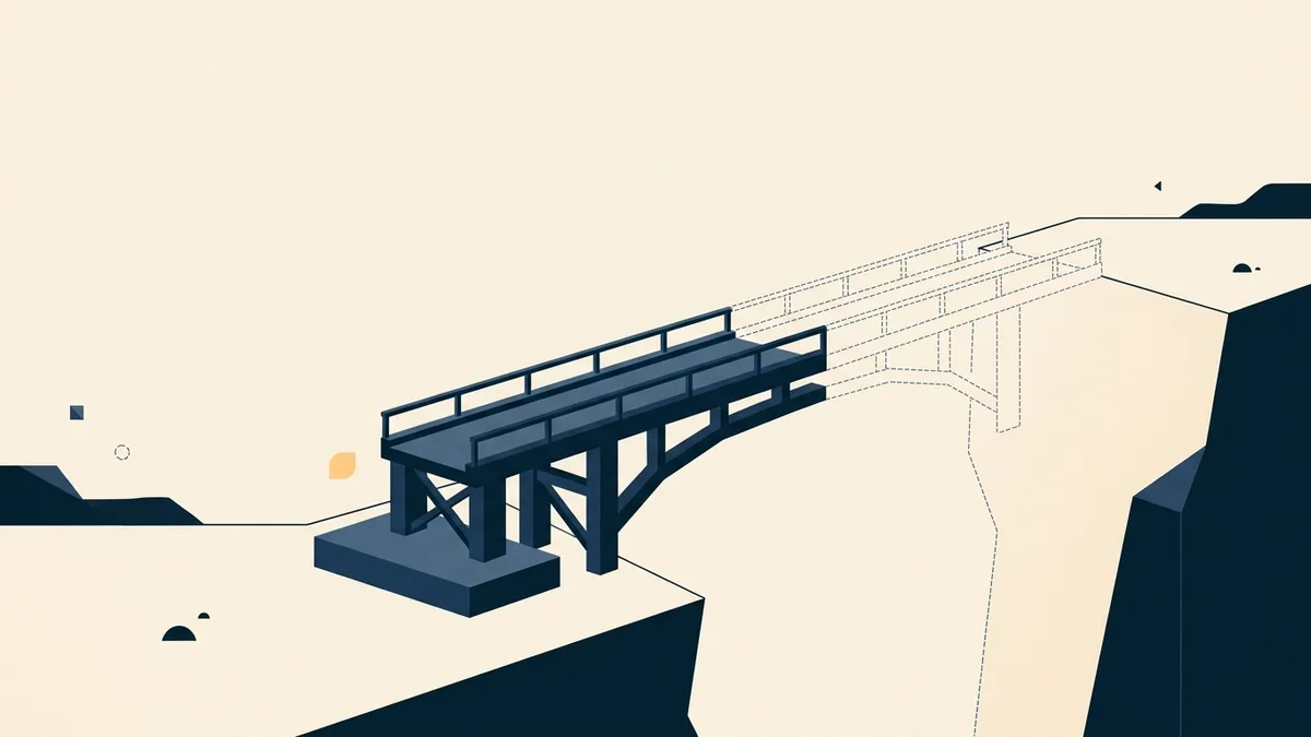 Abstract illustration of a bridge under construction, with the near span built and the far span still only outlined.