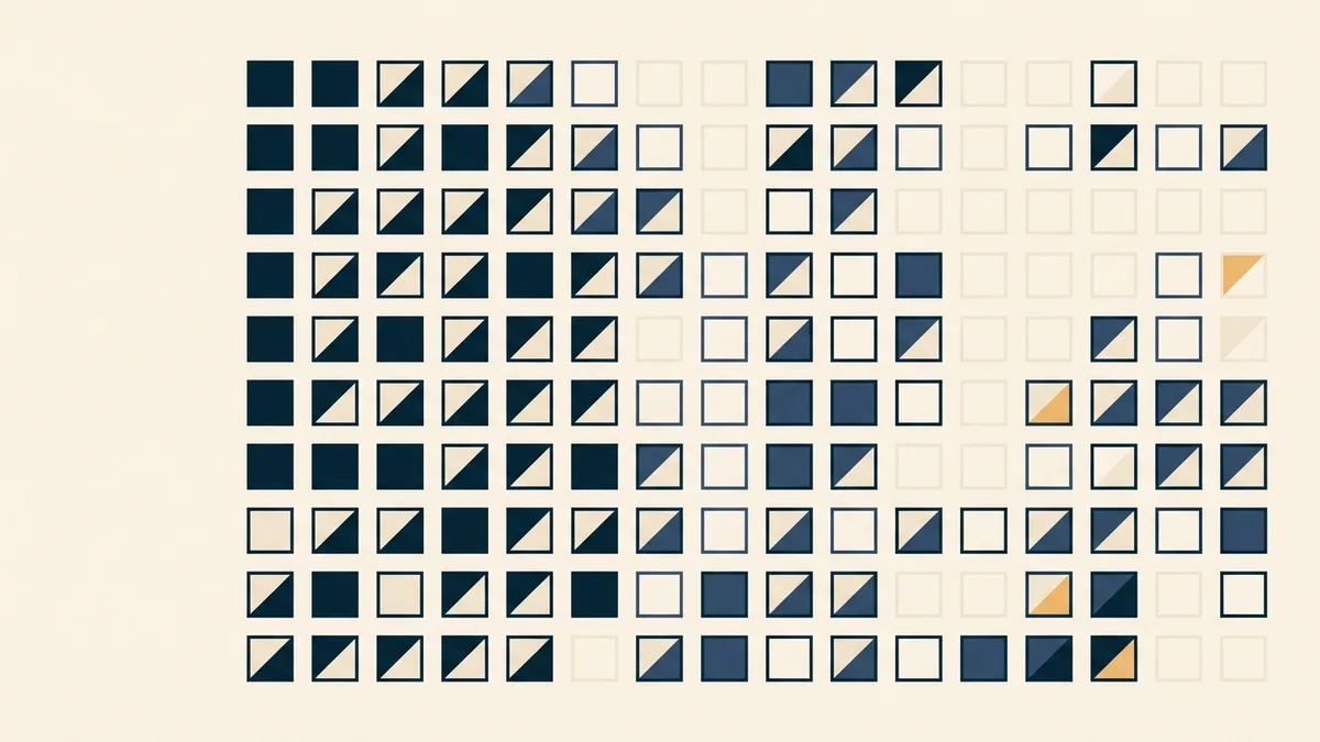 Abstract illustration of a large field of small tiles in four visually distinct states of completion.
