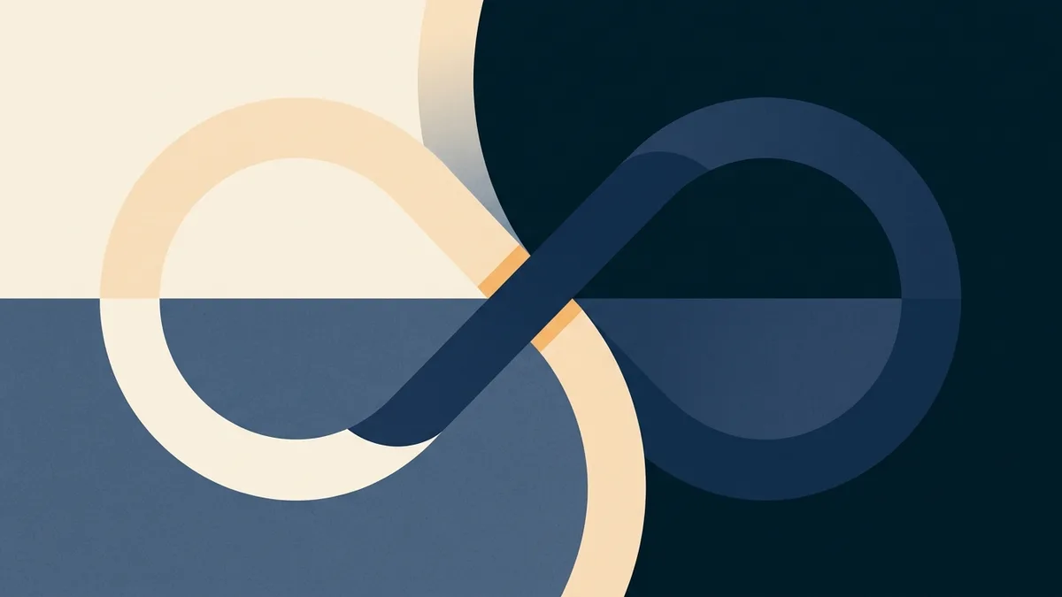 Abstract illustration of a single unbroken loop travelling between a warm-toned region and a cool-toned region without interruption at either boundary.