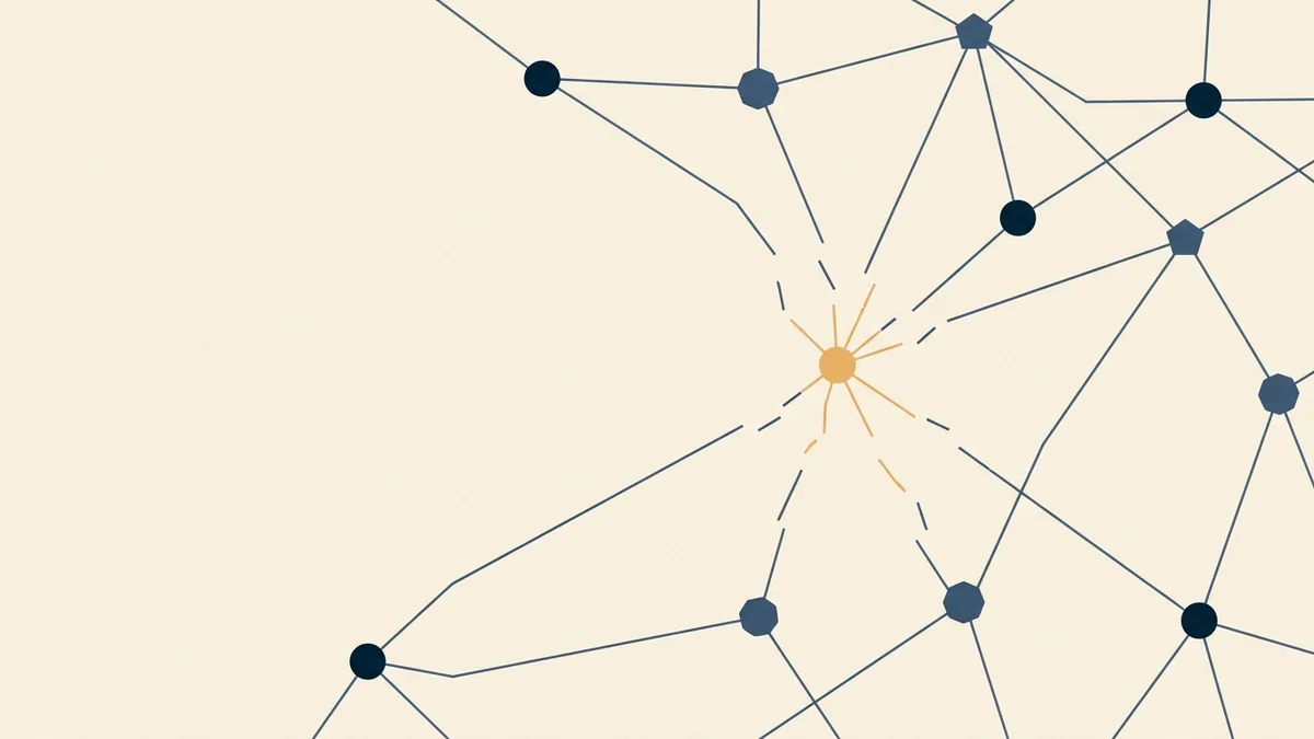 Abstract illustration of a single interruption in one strand of a connected network propagating outward through the whole structure.