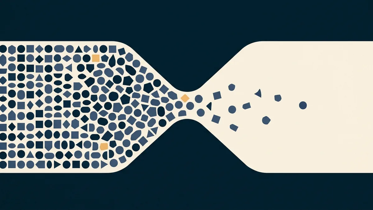 Abstract illustration of a channel narrowing sharply at one point, with shapes queuing at the constriction.