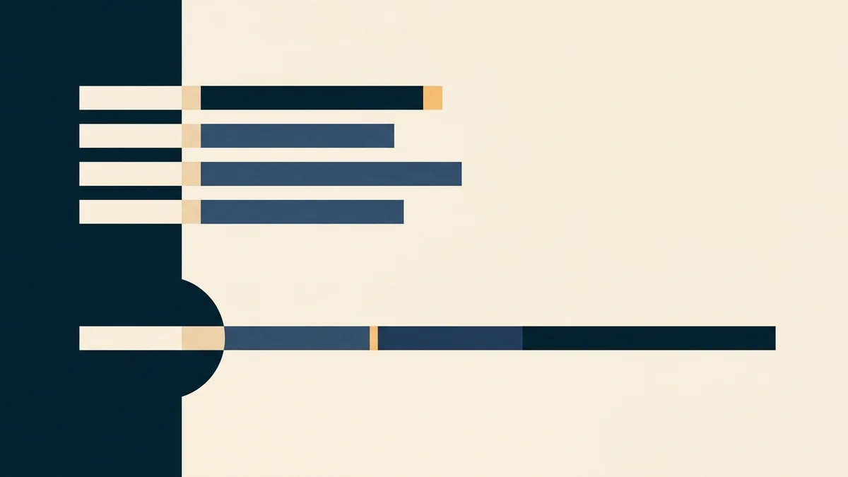 Abstract illustration of several parallel process tracks running side by side, contrasted with the same tracks arranged end to end into a much longer single line.