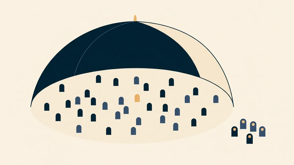 Abstract illustration of a protective canopy shape covering part of a wide field of small markers, with several markers falling outside its edge.