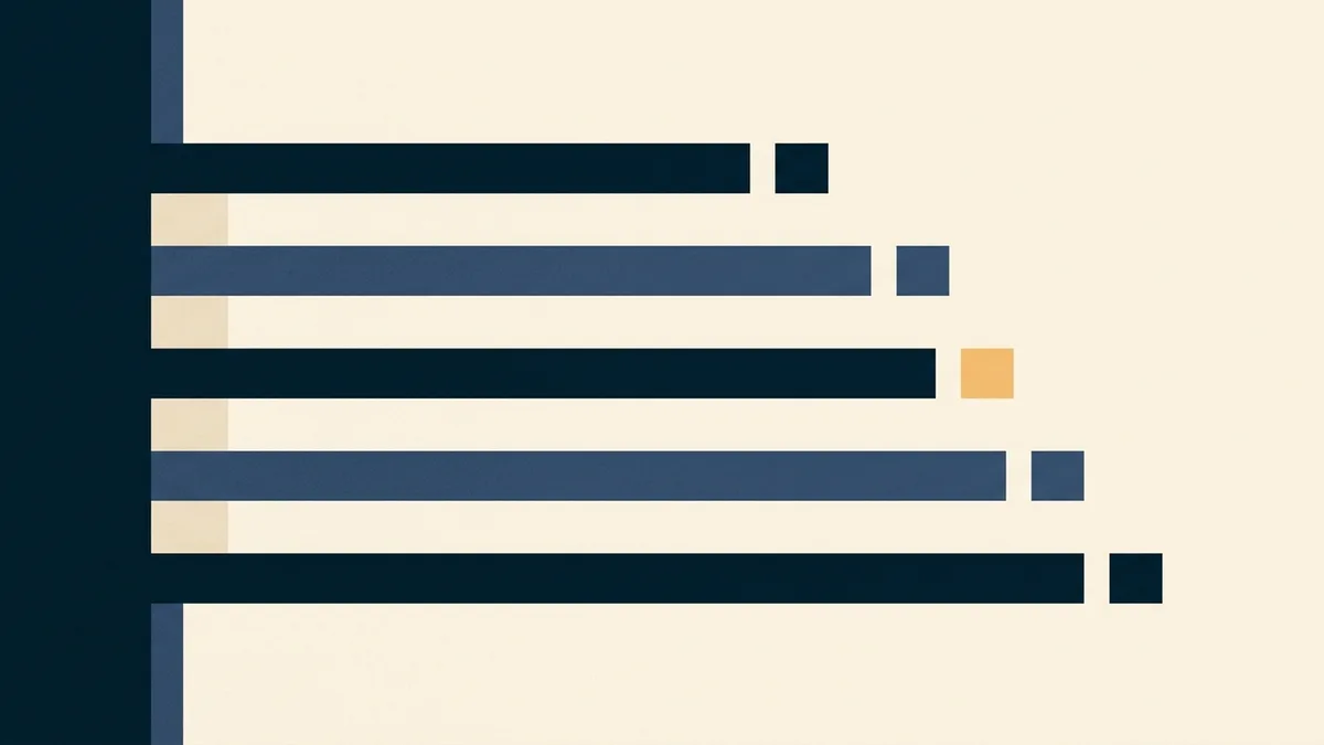 Abstract illustration of five horizontal bars starting together at one edge and finishing at markedly different points across the frame.