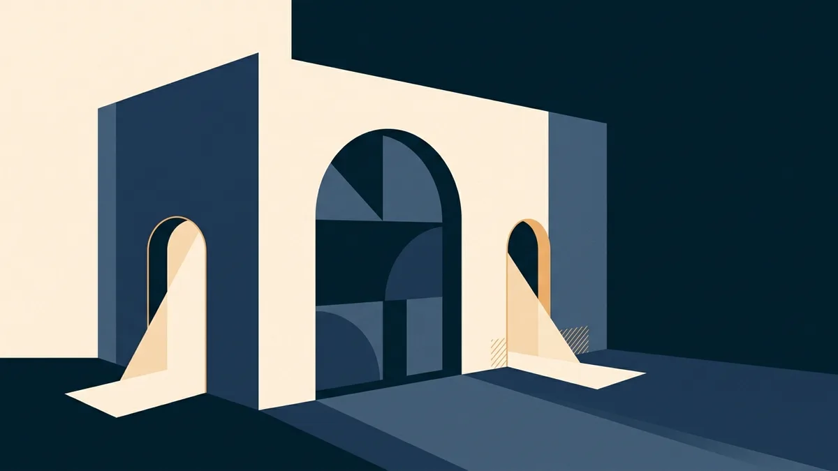Abstract illustration of a wall with one prominent closed opening and several smaller open passages set around it.