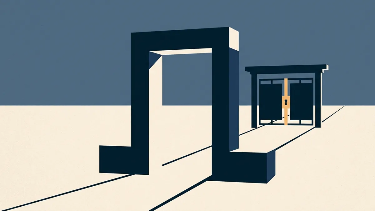 Abstract illustration of an open gateway followed immediately by a second, closed gate further along the same path.