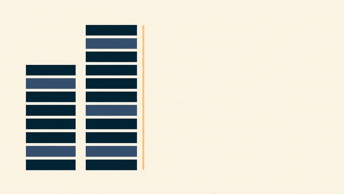 Abstract illustration of two stacked sets of horizontal bands of different depths, aligned at one edge and diverging at the other.