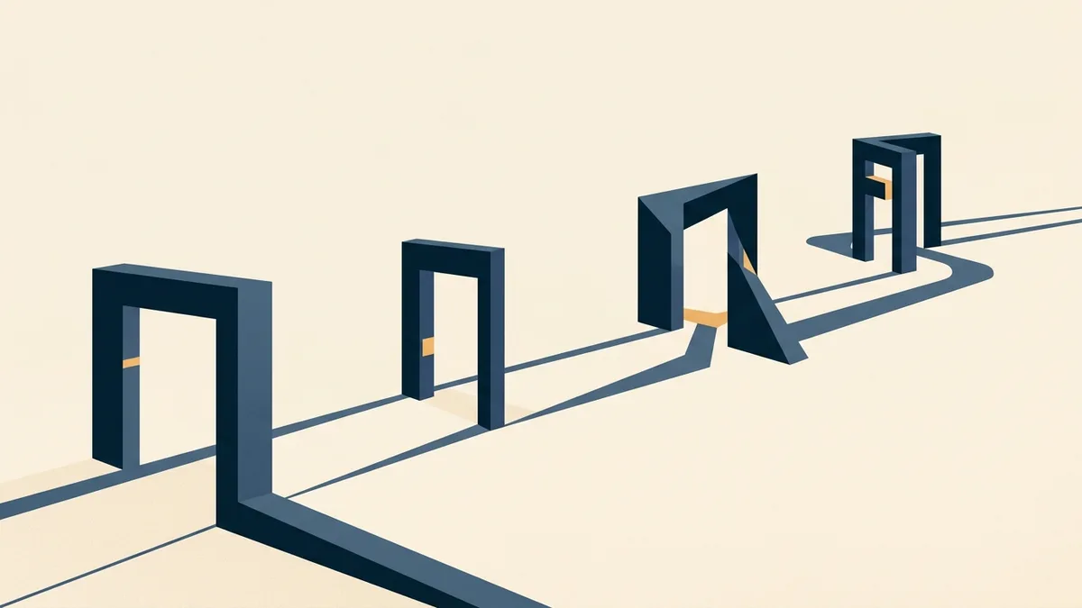 Abstract illustration of a sequence of gates along a path, each a different width and set at a different point in the line.
