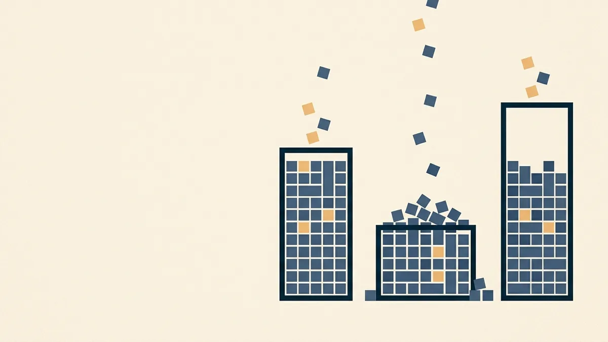 Abstract illustration of the same quantity of small blocks arranged into differently shaped containers, filling some completely and leaving others short.