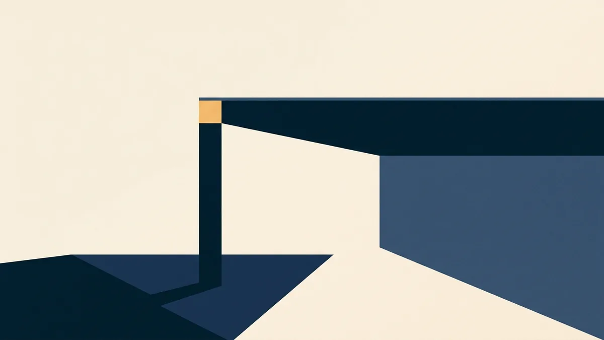 Abstract illustration of a supporting structure anchored in one area while the element it supports rests in another.