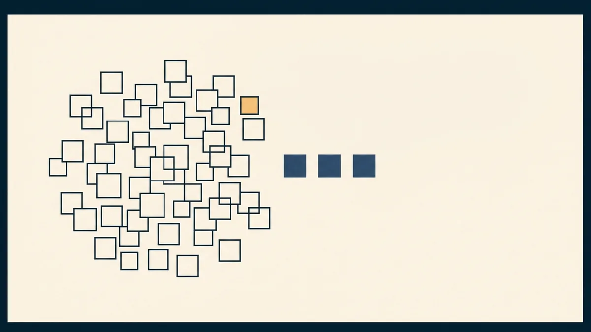 Abstract illustration of three small filled blocks stacked apart from a much larger group of unfilled blocks, showing a small specific requirement separate from a large general one.